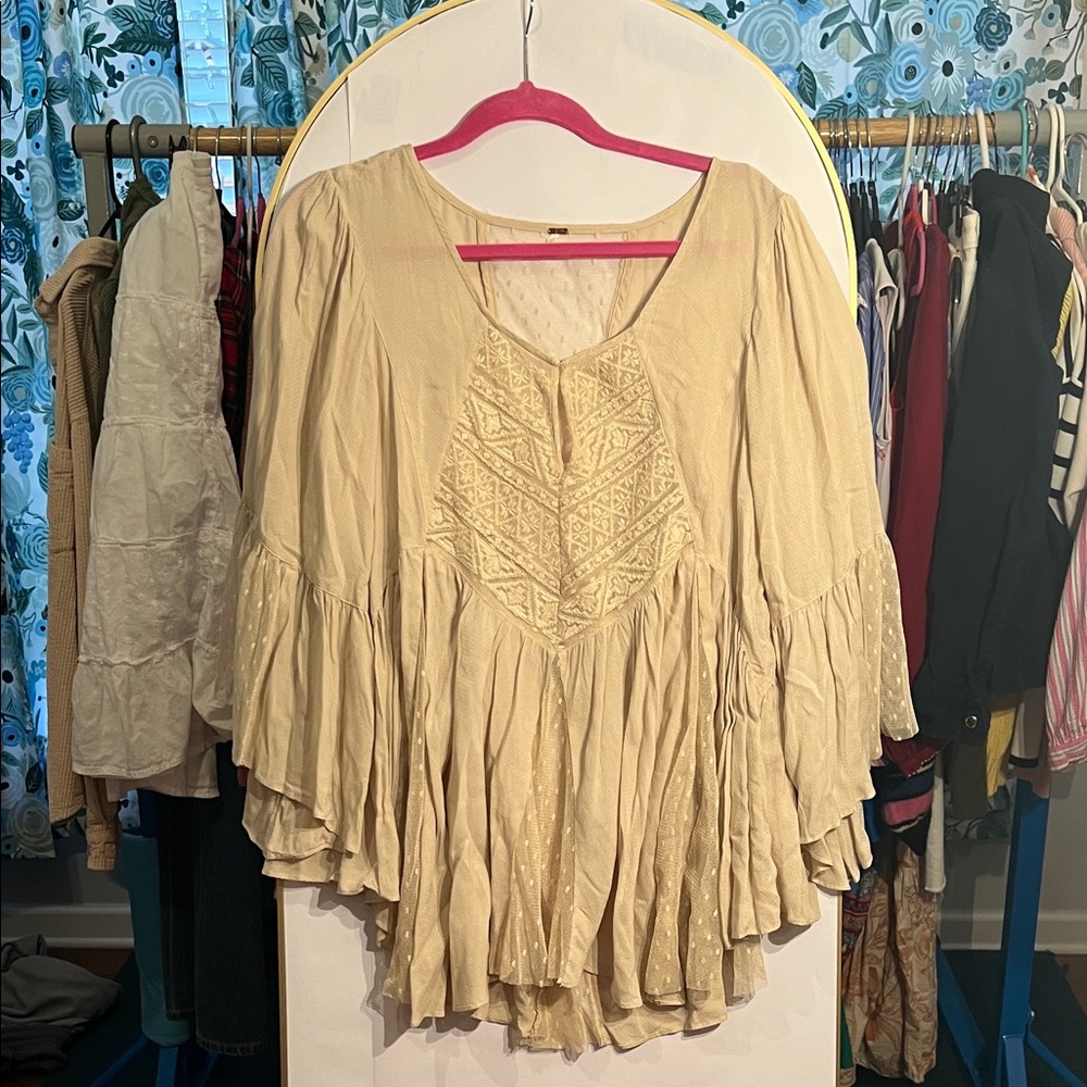 Free People Cream Gauzy Boho Peasant Blouse with Embroidered Yoke
